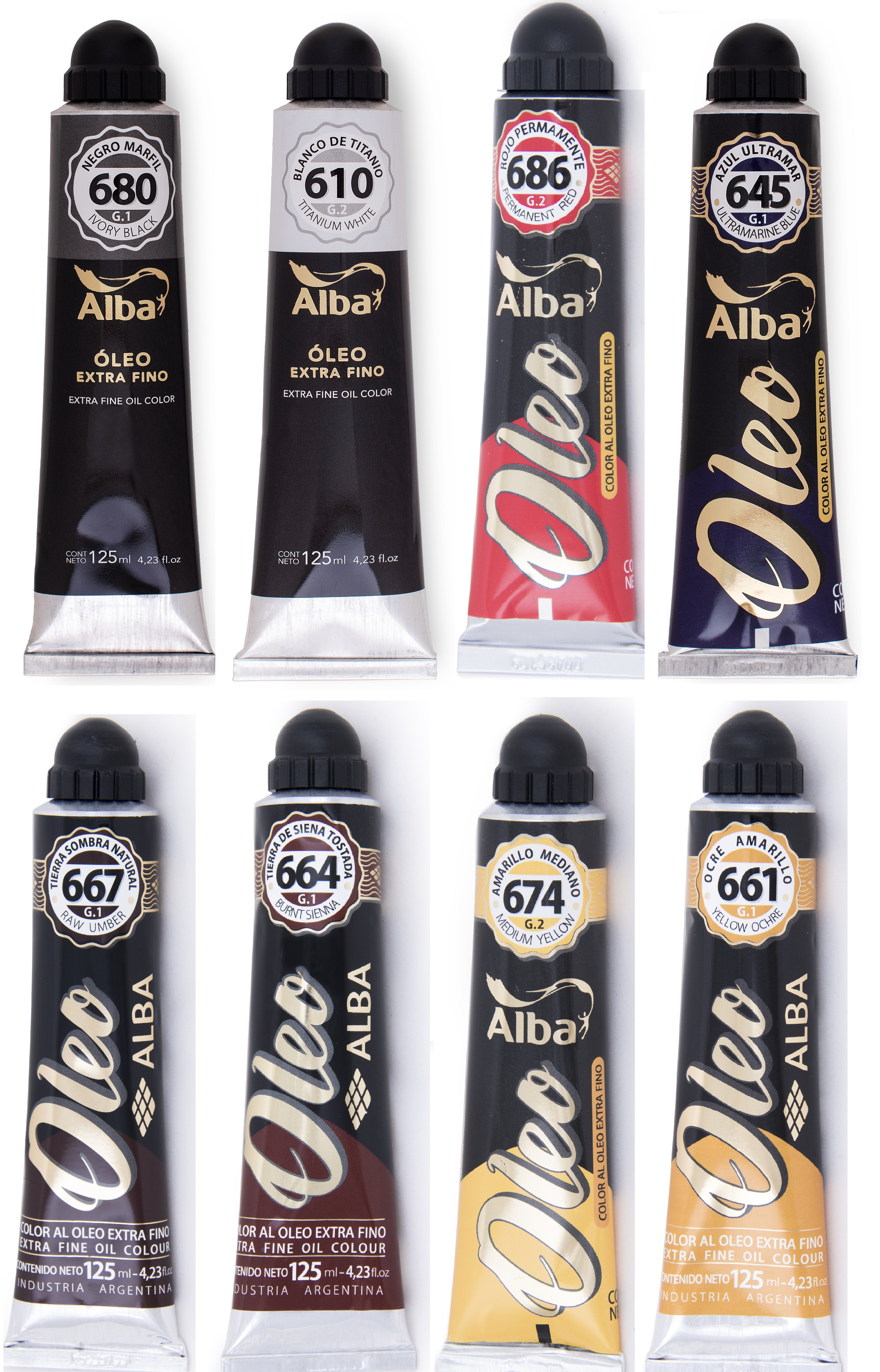 <strong>set de oleos profesionales alba de 125 ml</strong><br></i>
-610-blanco de titanio<br></i>
-680-negro marfil<br/>
-686-rojo de cadmio<br/>
-645-azul ultramar<br/>
-667-tierra sombra natural<br/>
-674-amarillo mediano<br/>
-661-ocre amarillo<br/>

